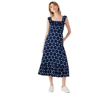 ♠️Kate Spade Joy Dot Ruffle Midi Dress Blue Navy Smocked Sleeveless Designer